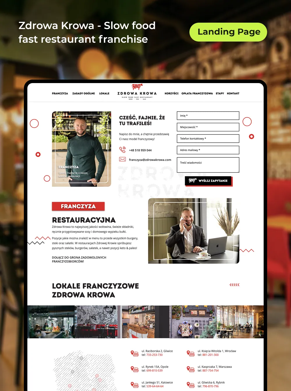 Zdrowa Krowa — restaurant franchise landing page